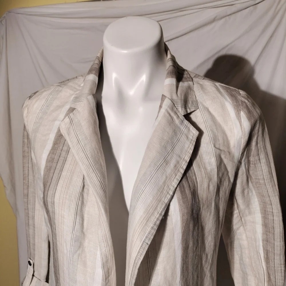 Charlie B Blazer Sz XS Striped Open Front Roll Tab Shirt Blazer‎ Linen Blend NWT